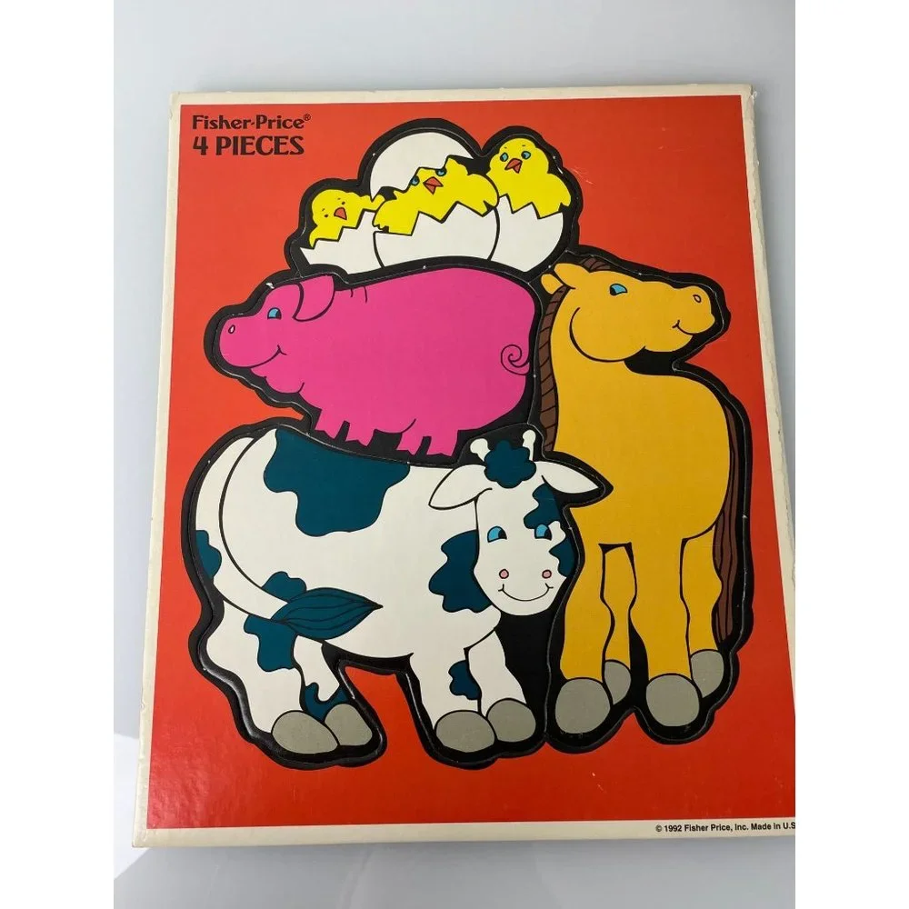 Vintage 1992 Fisher Price Farm Animals Bunny Cow Horse Beginner Puzzles, Toy